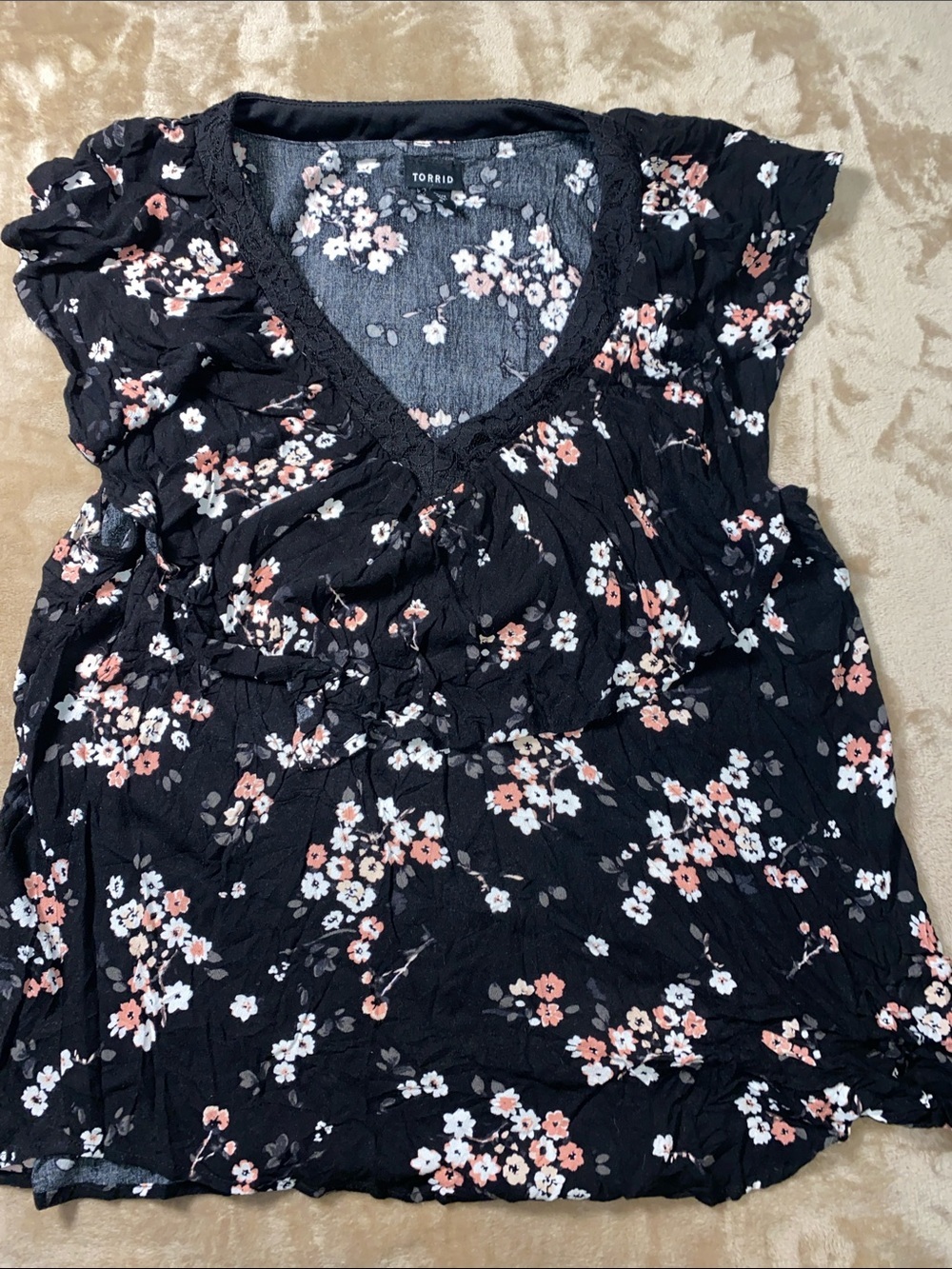 torrid Black Floral V-Neck Ruffle Sleeve Blouse